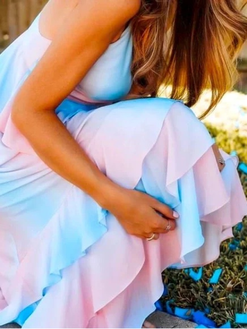 Pastel Ombre Ruffle Maxi Dress - Pink & Light Blue